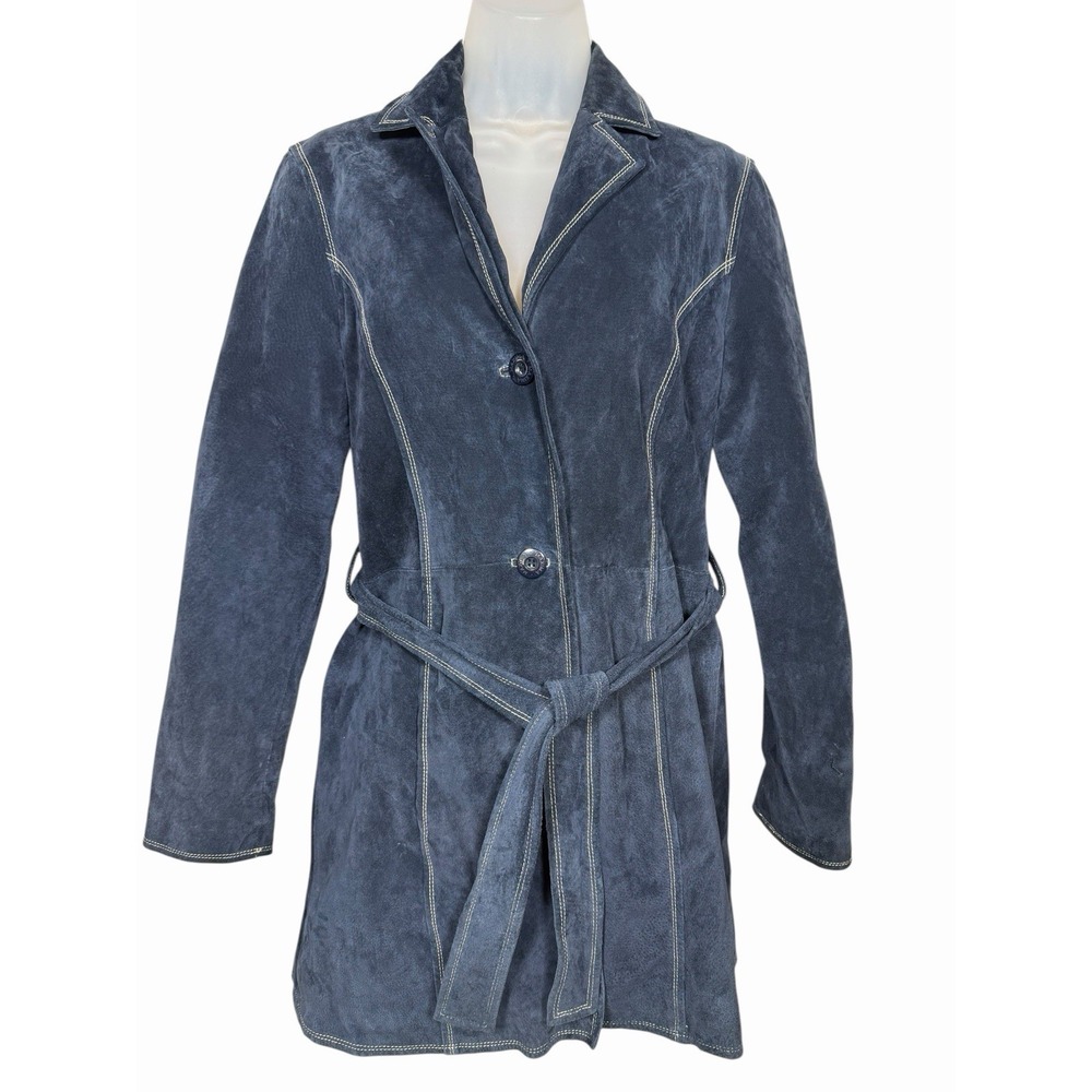 Wilson's Leather Maxima Blue Suede Leather Coat Womens‎ M Belted Button Front